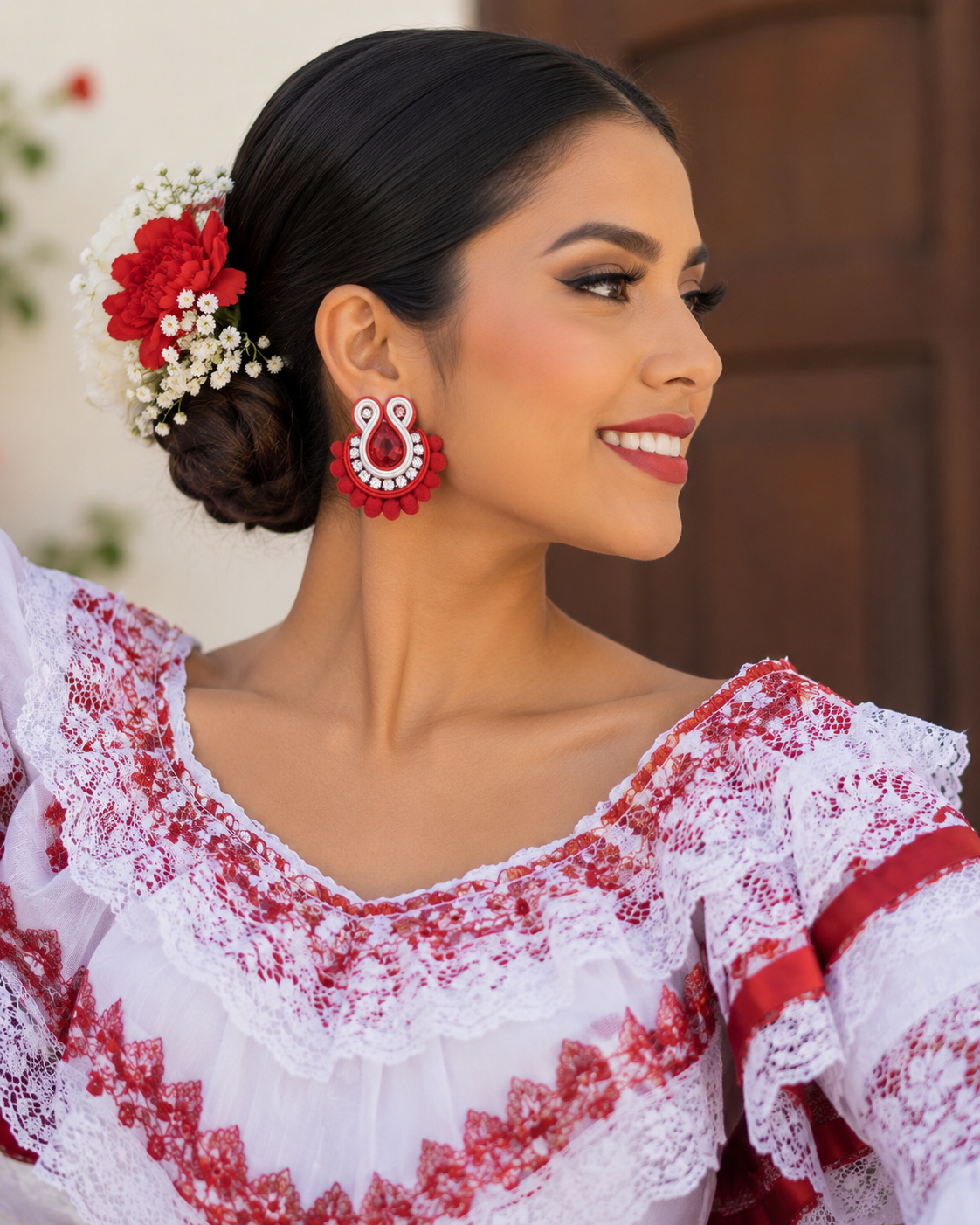 Aretes Soutache Corona en Rojo Fuego y Plata