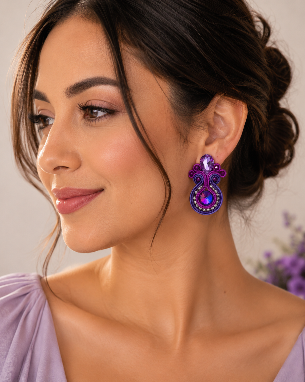 Aretes Soutache Realeza en Violeta y Cristales Facetados