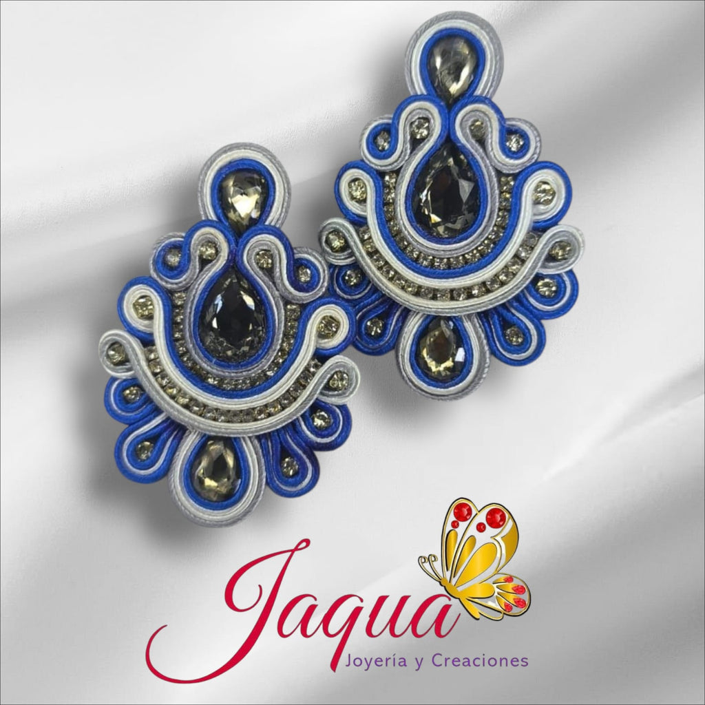 Aretes Soutache Gala en Azul y Plata con Cristales