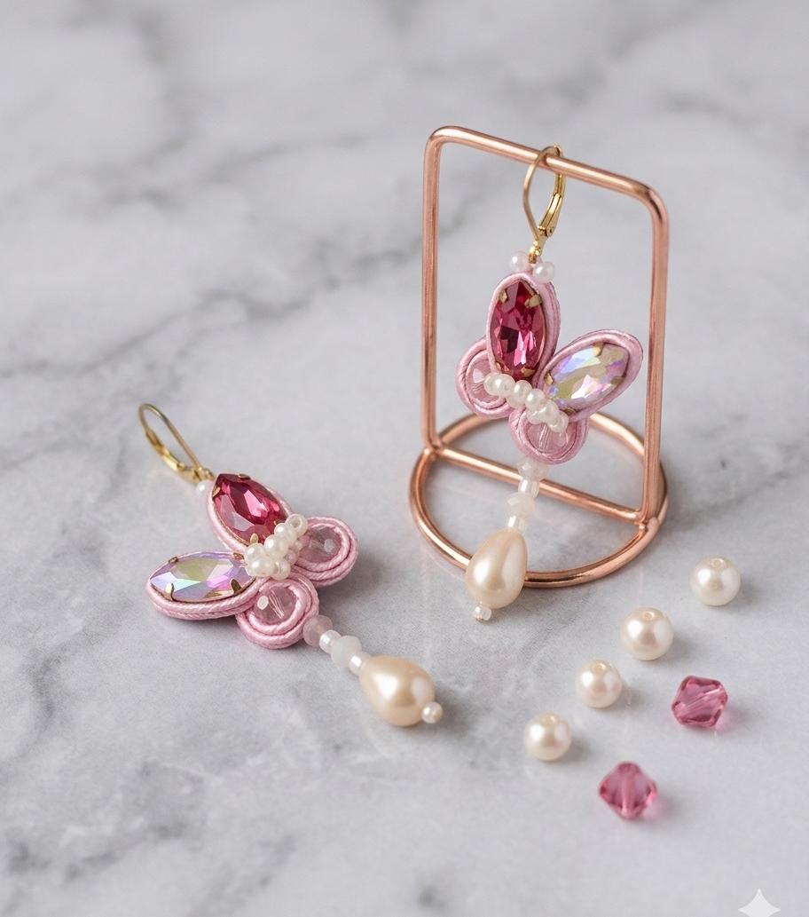 Aretes Soutache Mariposa Encanto en Rosa y Perlas