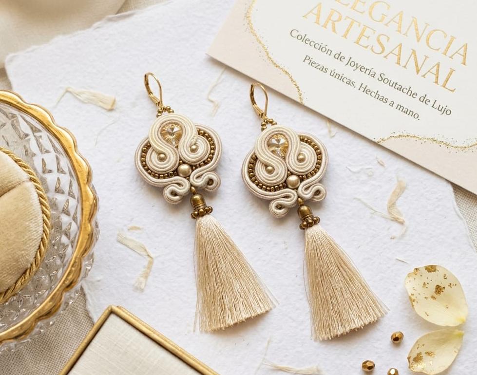 Aretes Soutache Elegancia Marfil con Borlas de Seda | JAQUA
