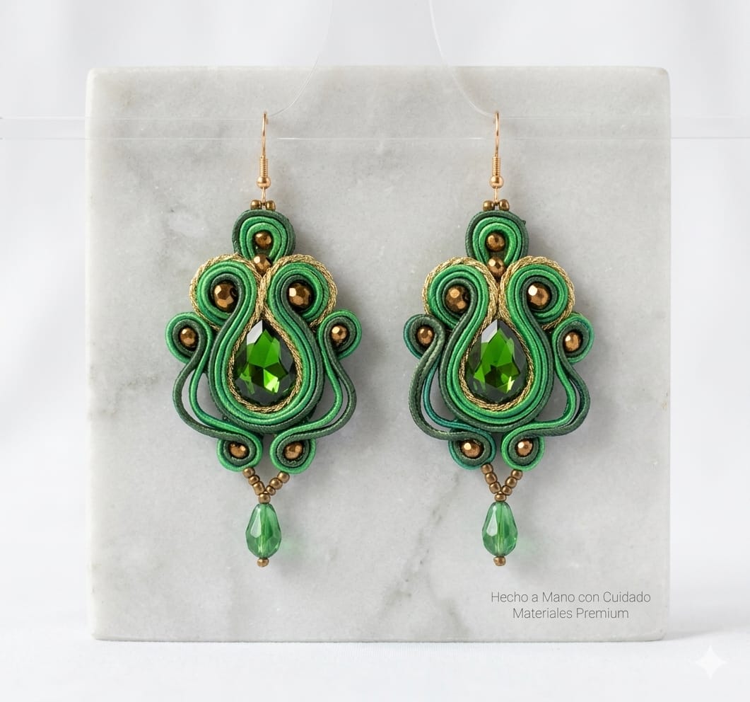 Aretes Soutache Gala Esmeralda y Oro Imperial Edición Exclusiva | JAQUA