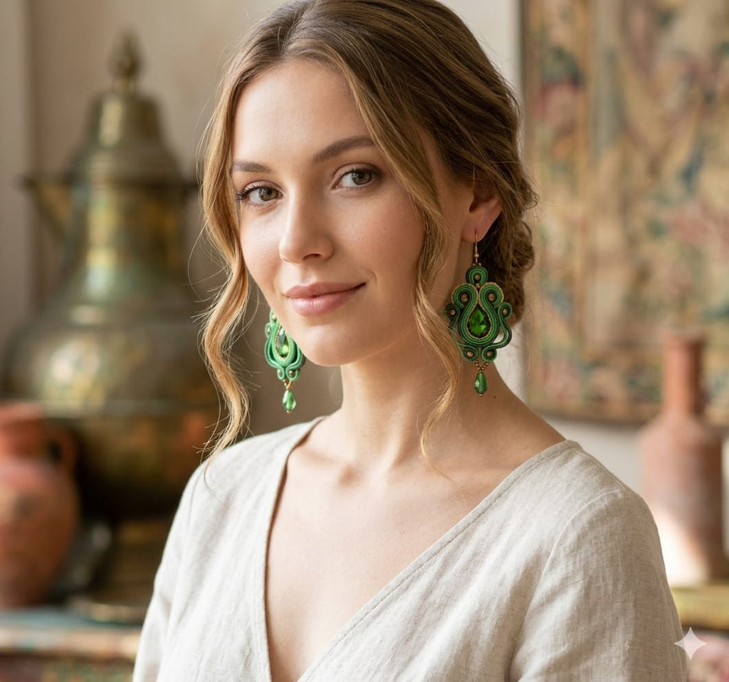 Aretes Soutache Gala Esmeralda y Oro Imperial Edición Exclusiva | JAQUA
