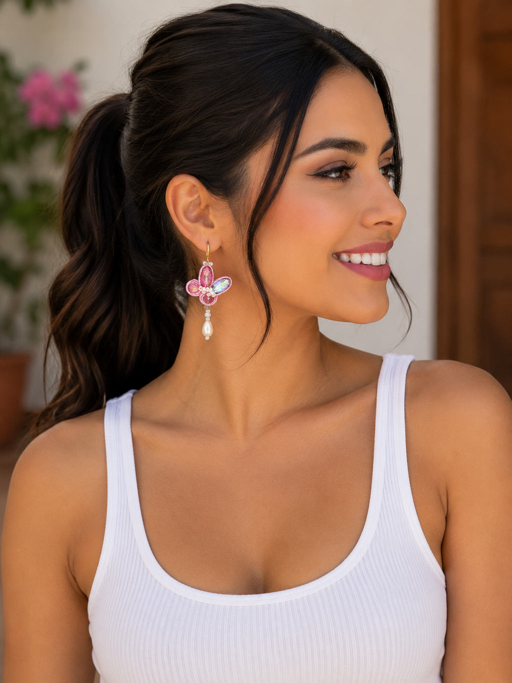 Aretes Soutache Mariposa Encanto en Rosa y Perlas