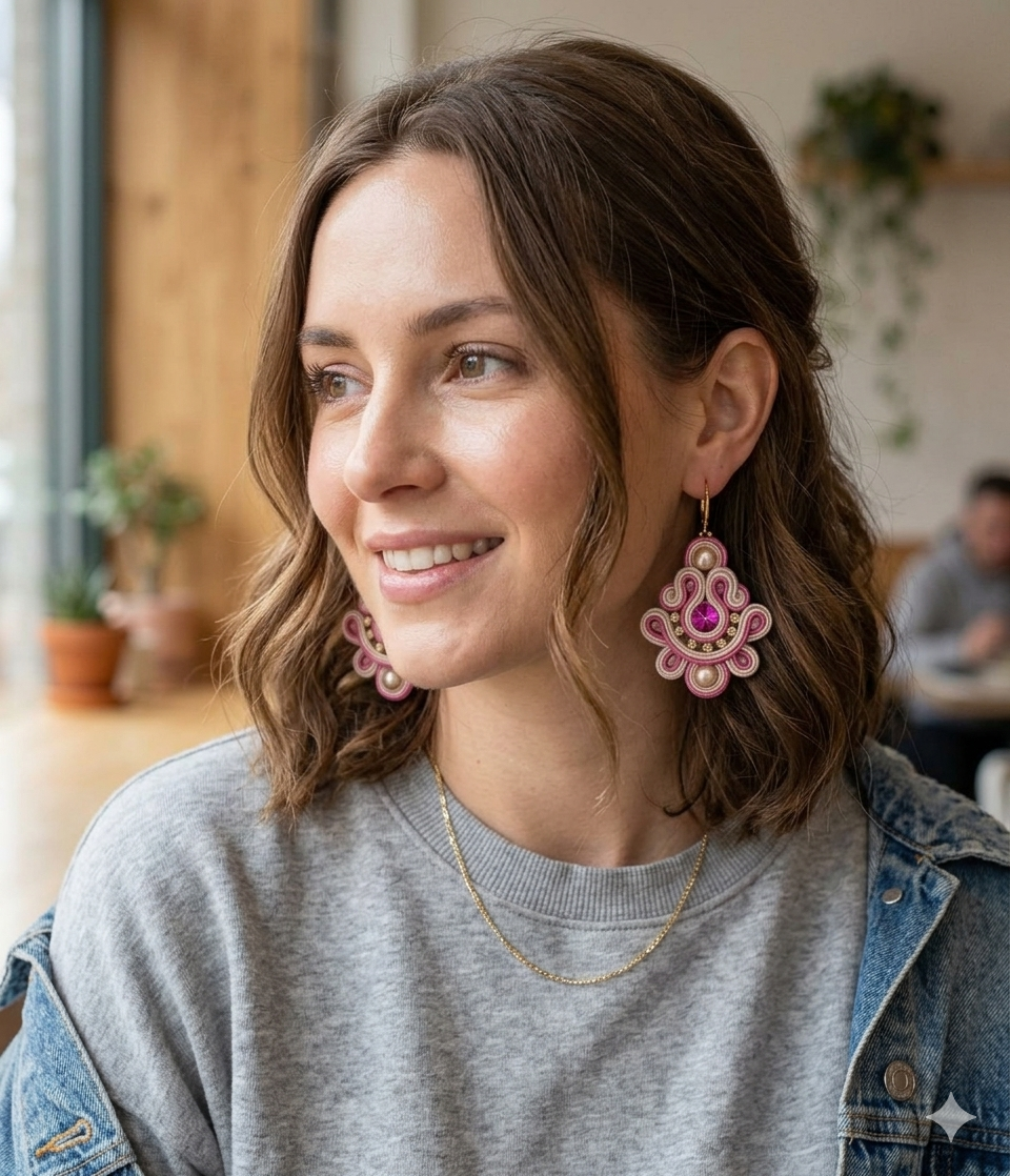 Aretes Soutache Tradición Gala Fucsia y Perla Uva | JAQUA