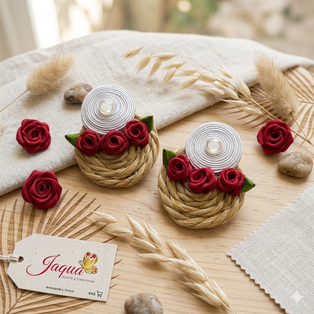 Aretes Tejidos Rústico Chic con Rosas Rojas