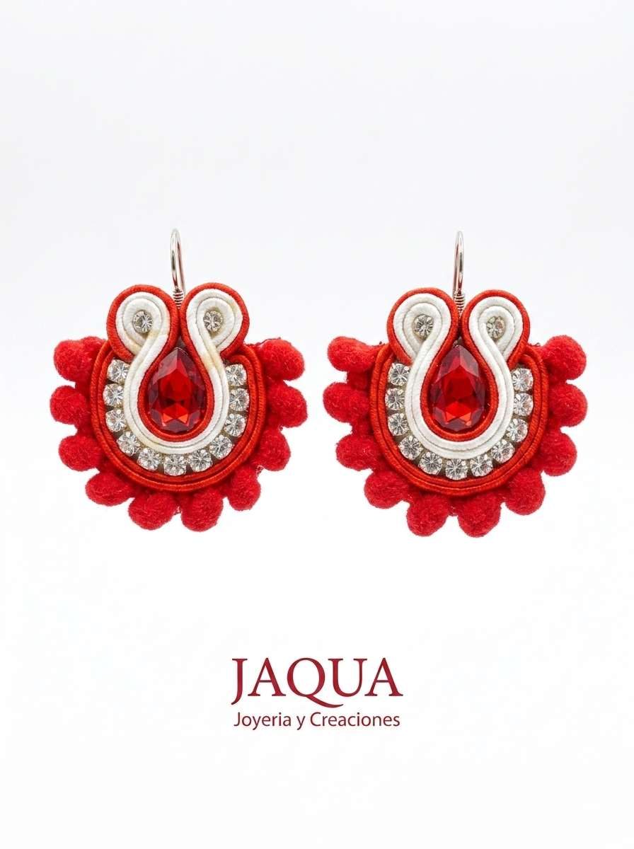 Aretes Soutache Corona en Rojo Fuego y Plata
